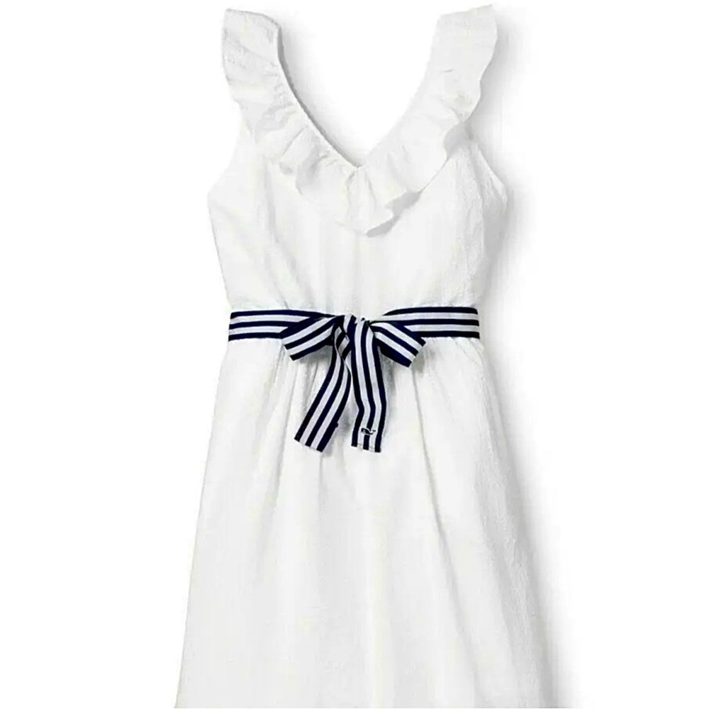 Vineyard Vines White Dress with Navy & White Striped Belt
